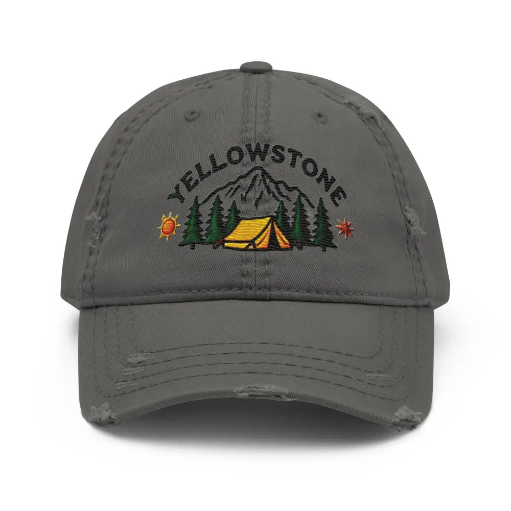 Distressed dad hat with Yellowstone National Park embroidered camping scene