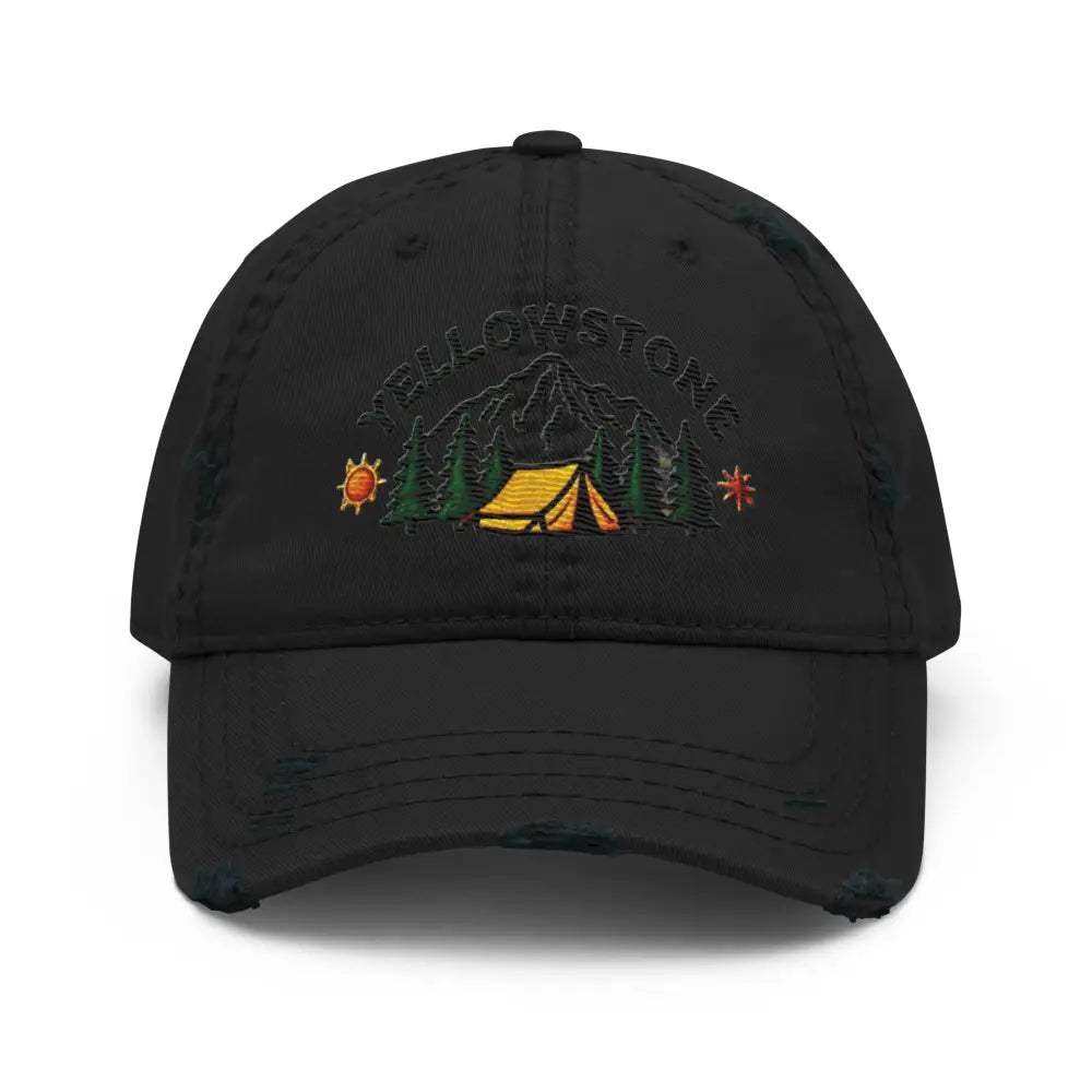 Distressed dad hat with Yellowstone National Park embroidered camping scene