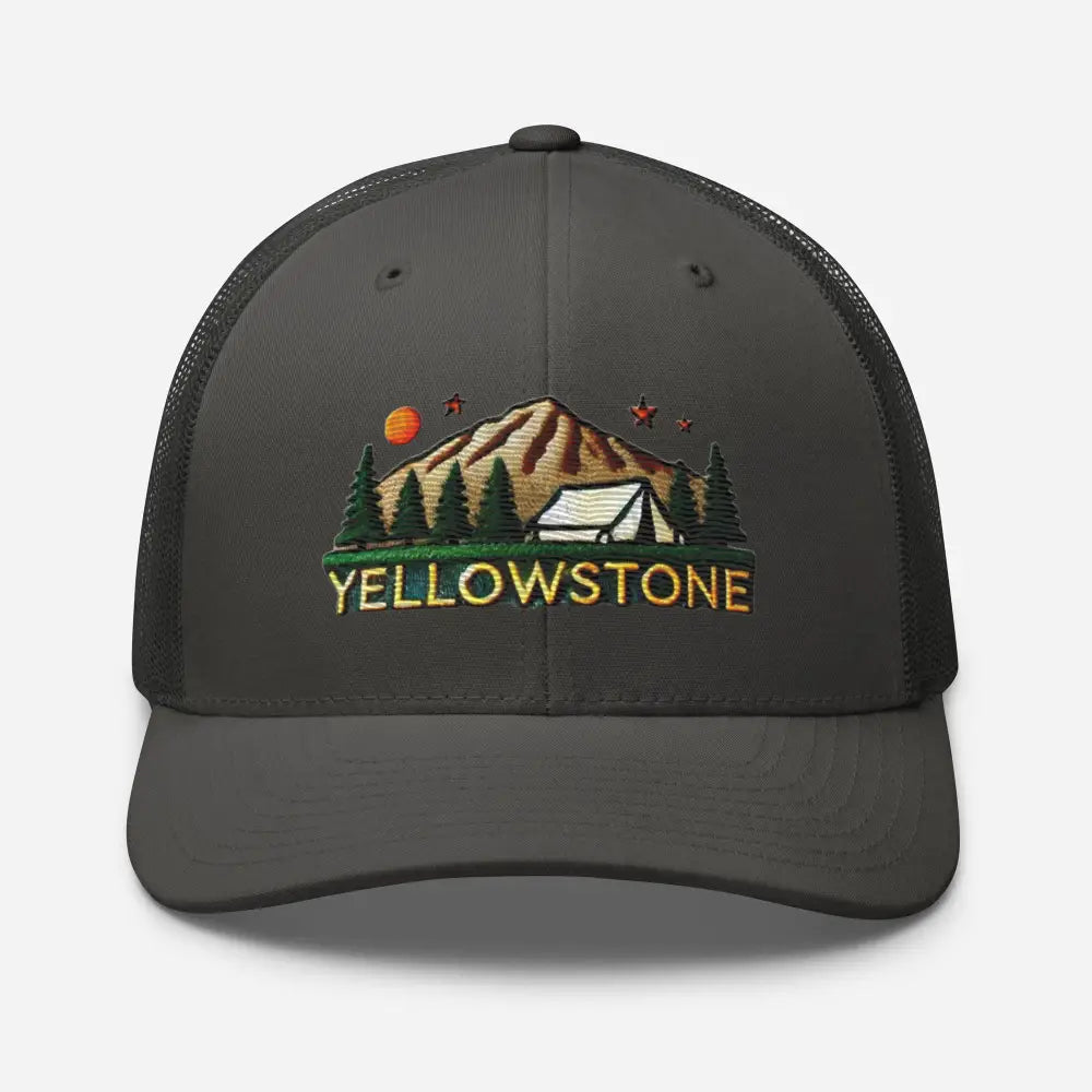 Yellowstone National Park embroidered trucker cap in charcoal gray mesh