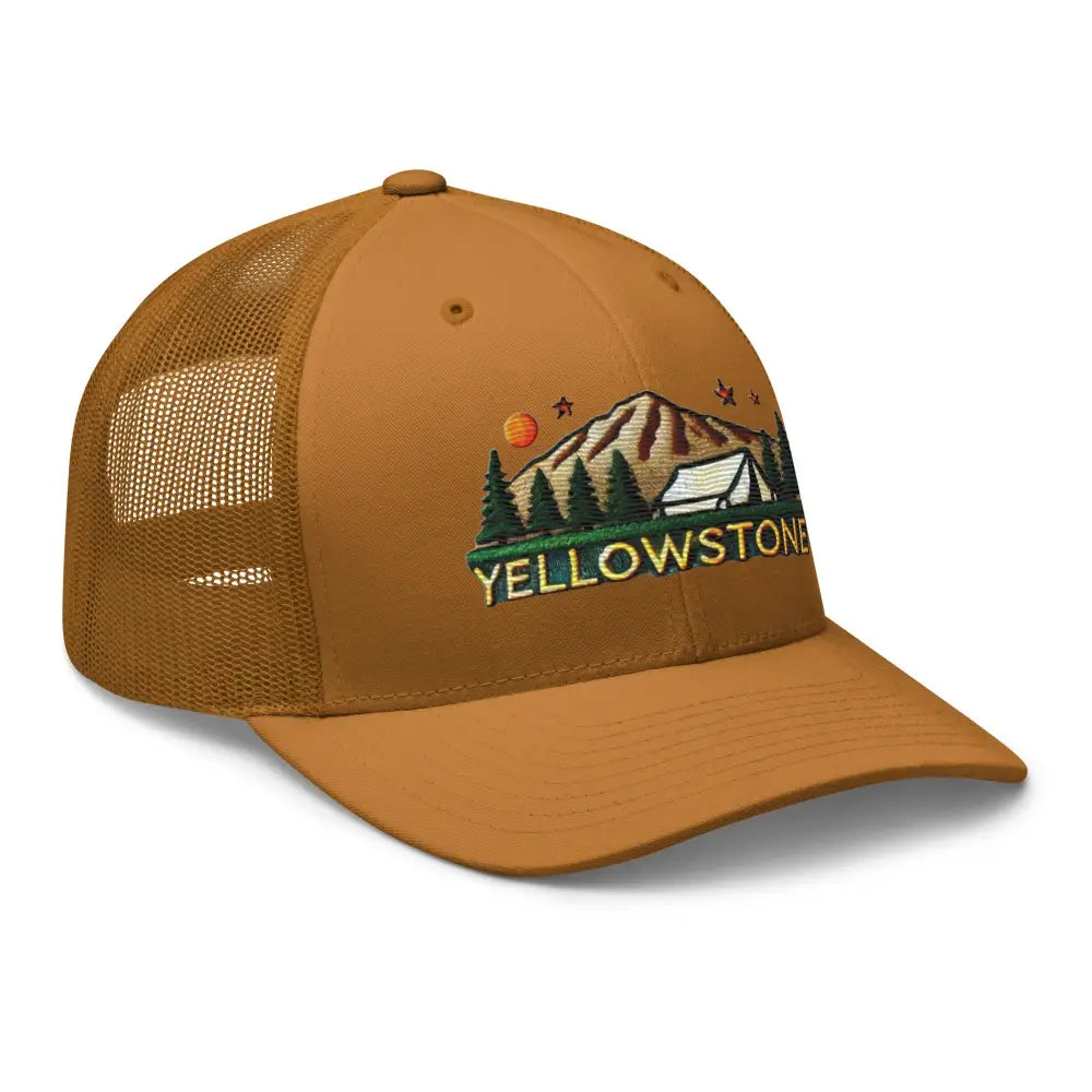Brown Trucker Hat with Yellowstone National Park Embroidered Design