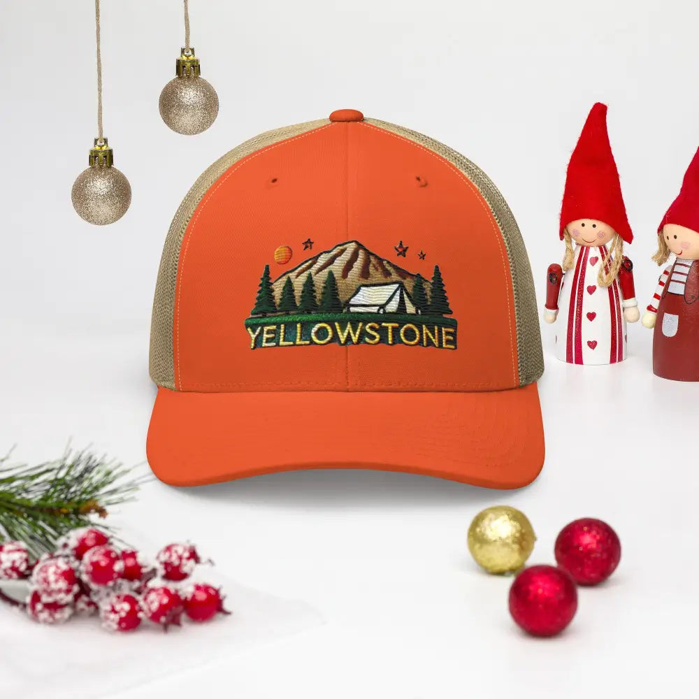 Yellowstone National Park embroidered trucker cap in orange and tan
