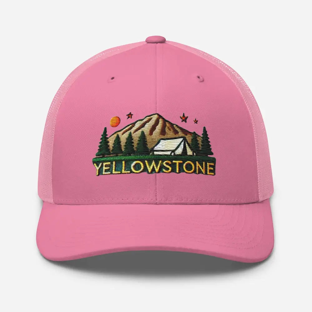 Pink Yellowstone National Park embroidered trucker cap with landscape design