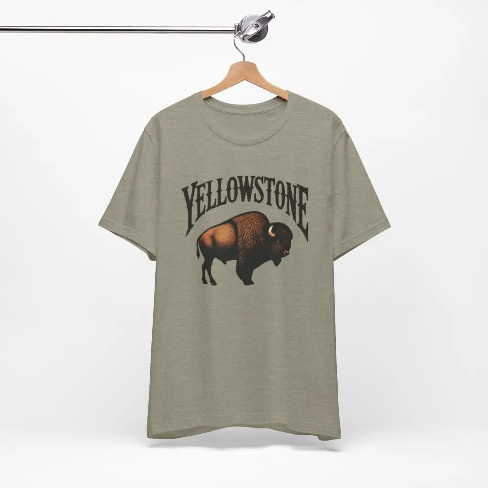 Sage green Yellowstone National Park-inspired bison graphic tee for nature lovers
