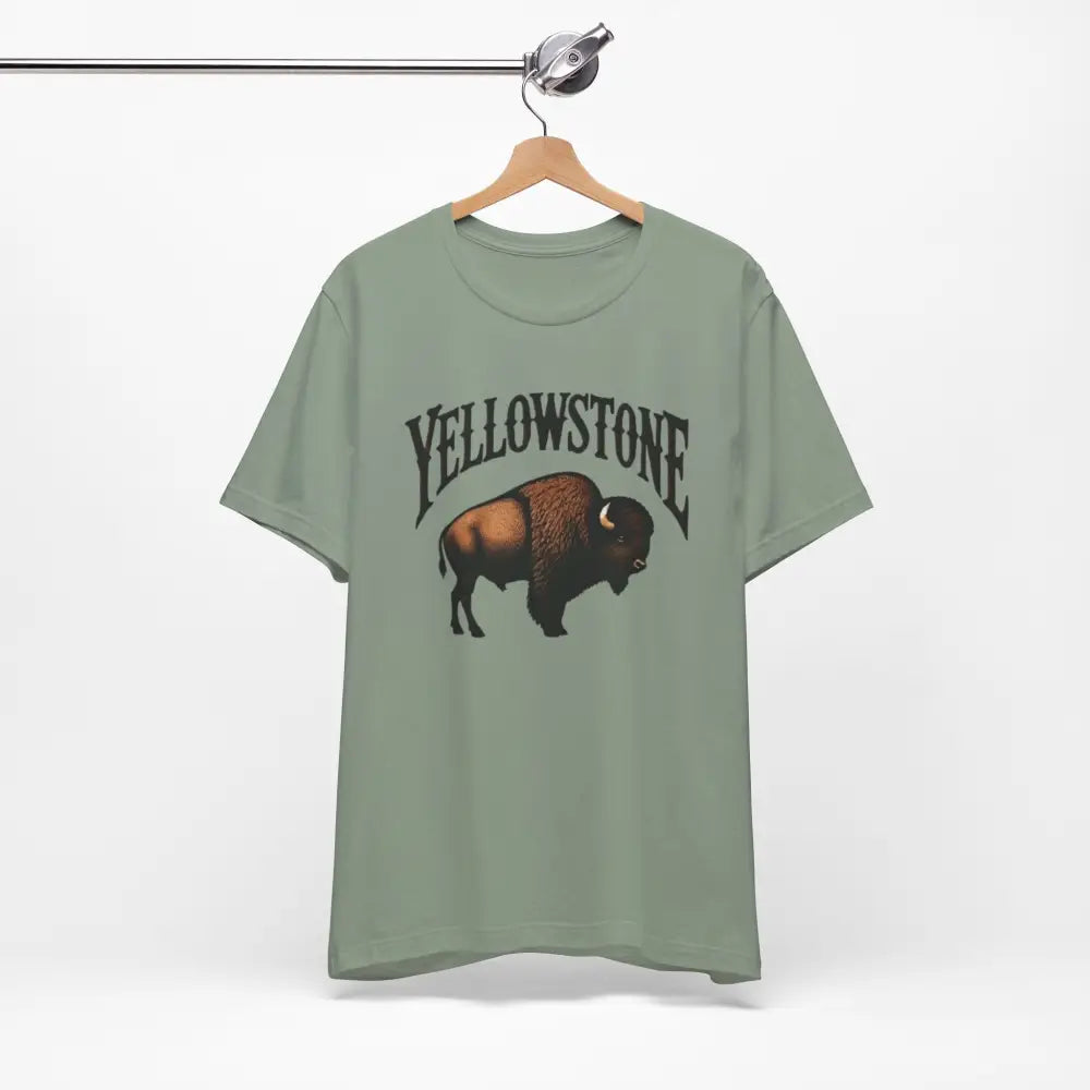 Green short-sleeved t-shirt with Yellowstone National Park-inspired bison graphic for nature lovers