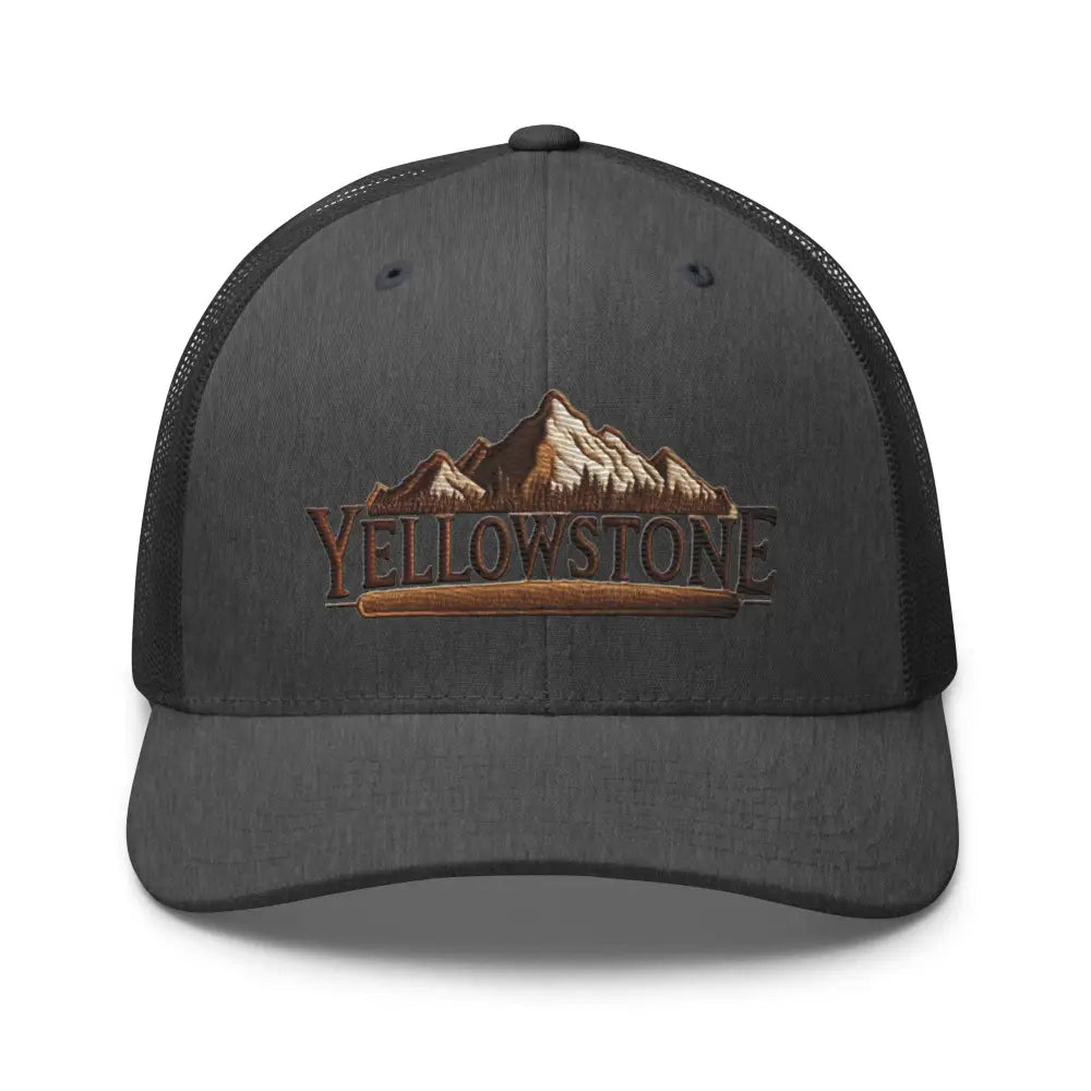 Dark gray Yellowstone National Park embroidered trucker hat with mountain forest design