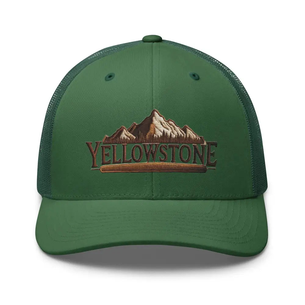 Yellowstone National Park embroidered dark green trucker hat with mountain forest graphic