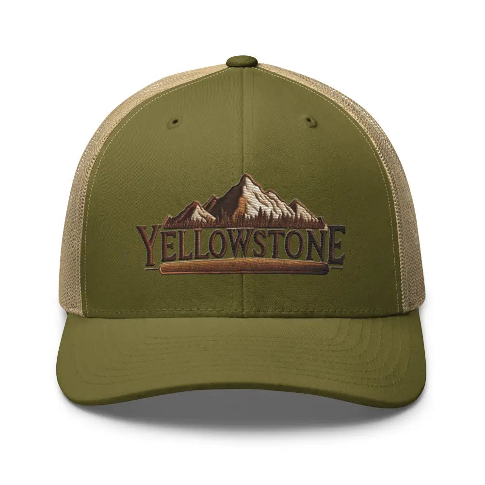 Yellowstone National Park olive green mesh trucker hat with mountain logo