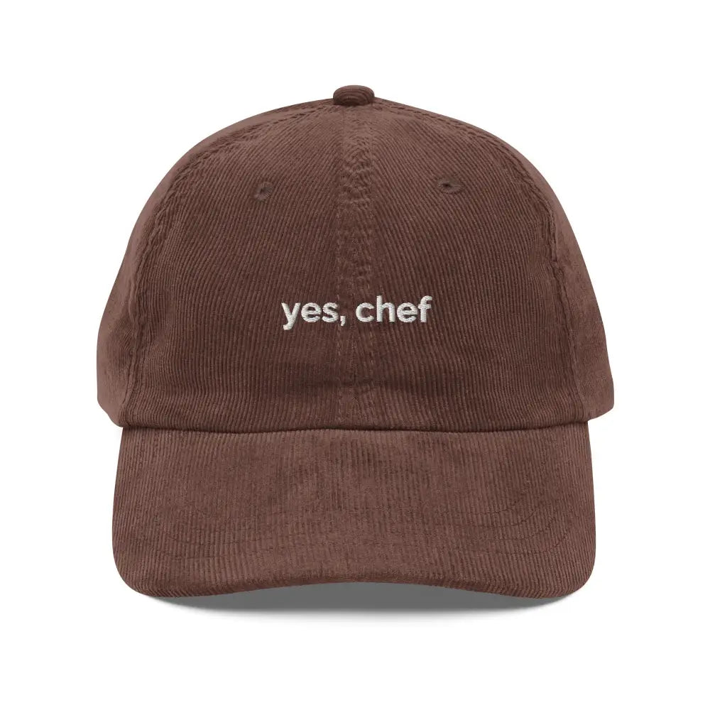 Brown embroidered corduroy cap with Yes Chef design, vintage style