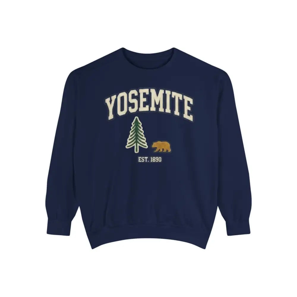 Yosemite National Park navy blue crewneck sweatshirt with bear and pine graphic