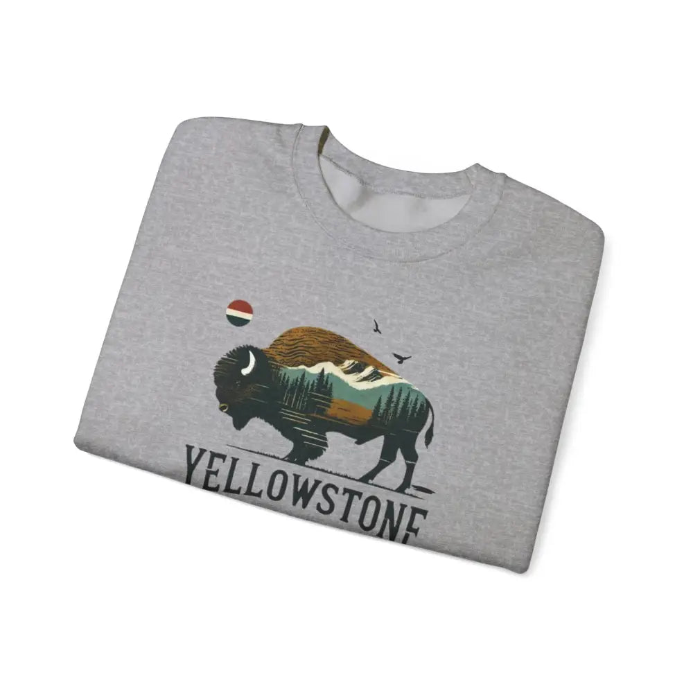 Yosemite National Park unisex heavy blend crewneck sweatshirt with gray bison and mountains graphic