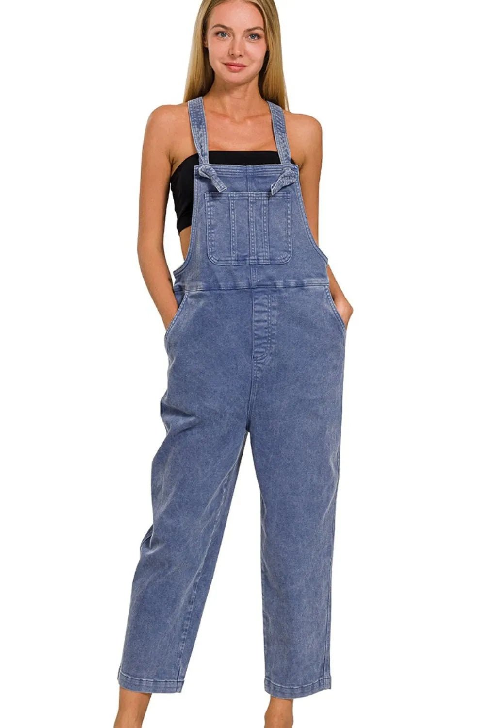 Zenana Washed Knot Strap Relaxed Fit Denim Overalls – Adjustable, Stretchy, Blue - Triniskies