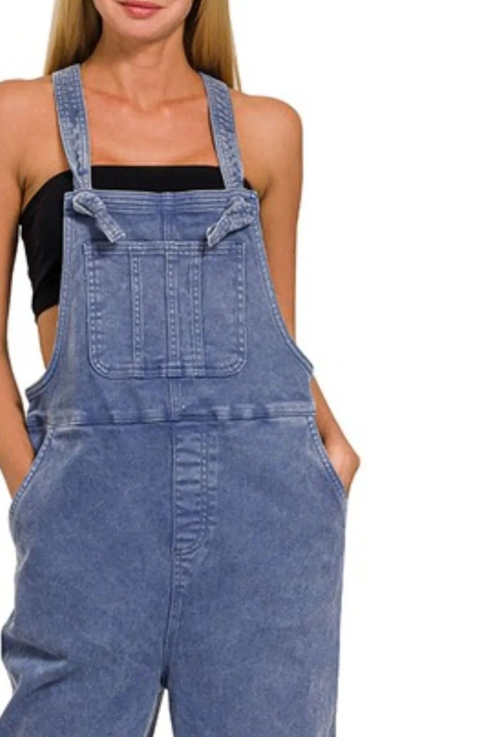 Zenana Washed Knot Strap Relaxed Fit Denim Overalls – Adjustable, Stretchy, Blue - Triniskies