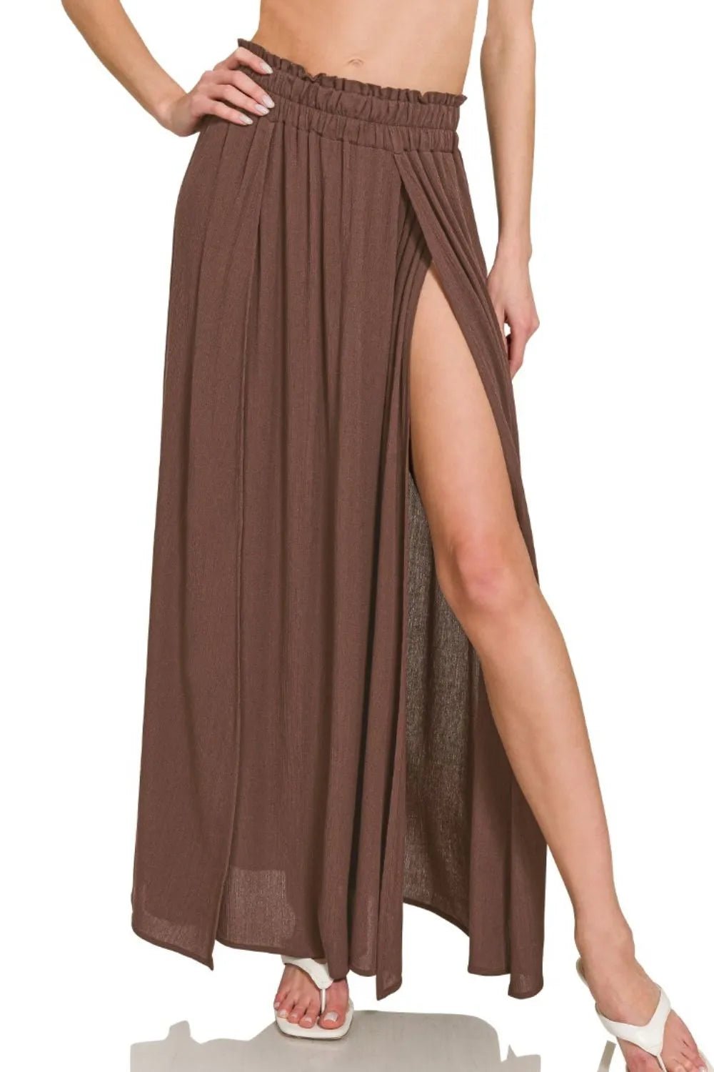 Zenana Woven Crinkle Gauze High - Slit Maxi Skirt – Chocolate Brown - Triniskies