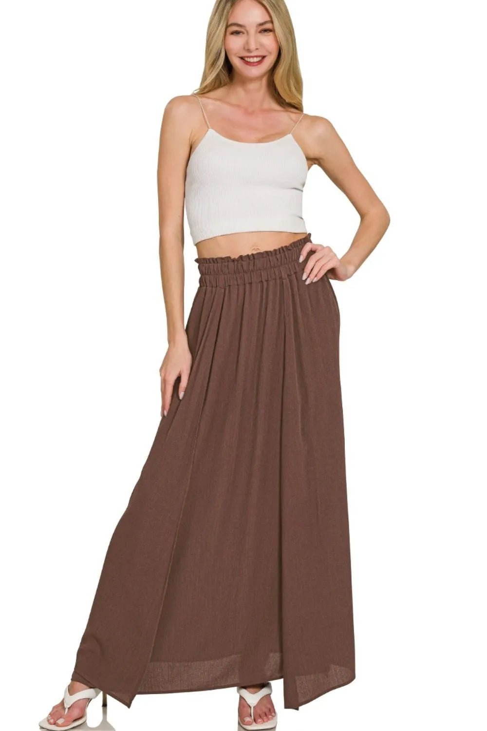 Zenana Woven Crinkle Gauze High - Slit Maxi Skirt – Chocolate Brown - Triniskies