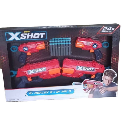 Zuru Zuru X-Shot 4 Gun Bundle -  2x Reflex 6 & 2x MK 3 with 24 Foam Darts NEW